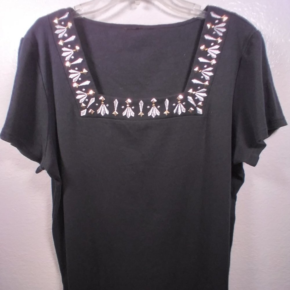 Exotic Designed Black Embellished Short sleeve top XL-XXL